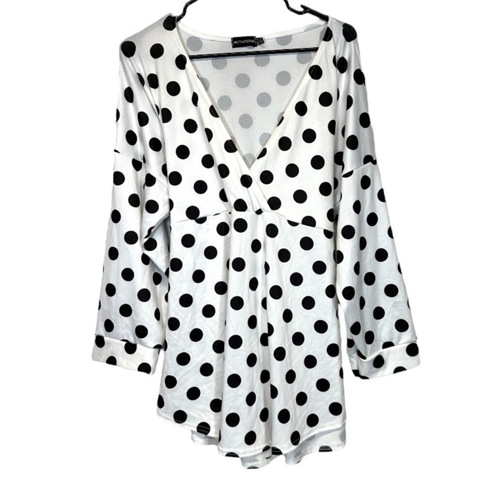 PrettyLittleThing White & Black Polka Dot Faux Wrap‎ 3/4 Sleeve Blouse Size 20